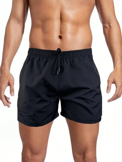 Men's Black Drawstring Solid Color Swim Trunks With Zipper Pockets