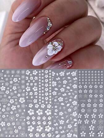 4 Pieces Of Spring And Summer Fresh Pure White Cherry Blossom Nail Art Stickers - Pure White Japanese Romantic Cherry Blossom And Hibiscus Flower Art Design, 3D Flat Technology, Suitable For Women's Disposable Self-Adhesive Back Adhesive Nail Art Stickers, Spring And Summer Fresh Flower Theme Style, Easy To Stick Nail Decoration Stickers