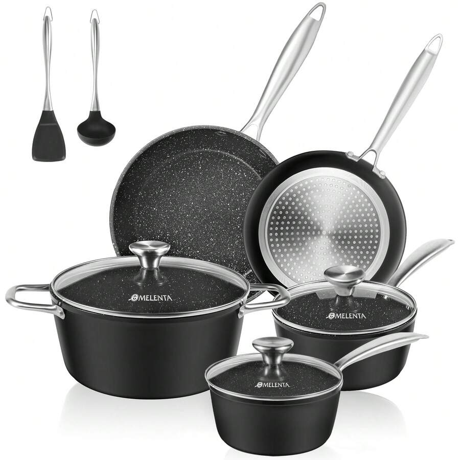 M MELENTA Pots And Pans Set Nonstick, 10 Pcs Die-Cast Induction Kitchen Cookware Sets, Granite Non Stick Cooking Set With 5QT Big Pot, Oven Safe Handle & Nylon Kitchen Utensils, 100% PFOA Free - 黑色 - 查看 1