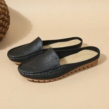 Pantoufles décontractées plates et faites à la main à semelle en oxford pour femmes - Noir - Voir 5