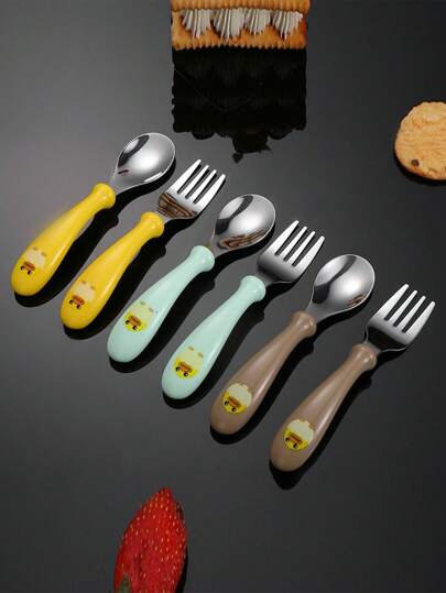 2pcs Stainless Steel Cartoon Spoon & Fork Set, Duckling Shaped Utensils