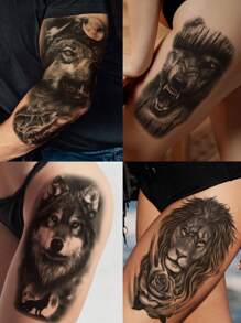 Waterproof Long Lasting Temporary Tattoo Sticker, Unisex Black Tattoo Sleeve Design With Dark Animal Tiger, Lion, Wolf Patterns, Halloween, Christmas, Party Gift, Body Art For Arms, Legs, Chest, Back - Black - View 3