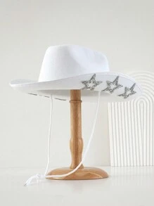 1pc Women's Neutral Solid Color Woolen Cowboy Hat Embellished With Unique Personality Sparkling Rhinestone Hollow Star Chain Element, Swivel Bachelorette Cowgirl Hat, Girlcore, Vintage, Floral, Spring Summer Bright Colors, Pink Aesthetic, Novelty Interesting Punk Style Wide Brim BR Street Fashion, 2024 Wedding Essentials, Classy Aesthetic, Dinner Party Essentials, Suitable For Parties, Western-Themed Events, Gatherings, Engagement Parties, Role Playing, Graduations, Costume Balls, Festivals, Weddings, Birthday Celebrations, Music Festivals, Coming-Of-Age Ceremonies, Etc. Halloween