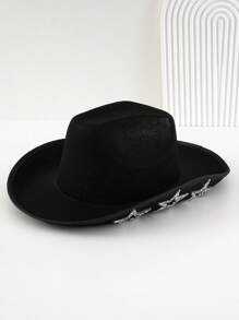 1pc Women's Neutral Solid Color Woolen Cowboy Hat Embellished With Unique Personality Sparkling Rhinestone Hollow Star Chain Element, Swivel Bachelorette Cowgirl Hat, Girlcore, Vintage, Floral, Spring Summer Bright Colors, Pink Aesthetic, Novelty Interesting Punk Style Wide Brim BR Street Fashion, 2024 Wedding Essentials, Classy Aesthetic, Dinner Party Essentials, Suitable For Parties, Western-Themed Events, Gatherings, Engagement Parties, Role Playing, Graduations, Costume Balls, Festivals, Weddings, Birthday Celebrations, Music Festivals, Coming-Of-Age Ceremonies, Etc. Halloween