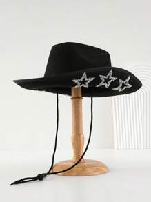 1pc Women's Neutral Solid Color Woolen Cowboy Hat Embellished With Unique Personality Sparkling Rhinestone Hollow Star Chain Element, Swivel Bachelorette Cowgirl Hat, Girlcore, Vintage, Floral, Spring Summer Bright Colors, Pink Aesthetic, Novelty Interesting Punk Style Wide Brim BR Street Fashion, 2024 Wedding Essentials, Classy Aesthetic, Dinner Party Essentials, Suitable For Parties, Western-Themed Events, Gatherings, Engagement Parties, Role Playing, Graduations, Costume Balls, Festivals, Weddings, Birthday Celebrations, Music Festivals, Coming-Of-Age Ceremonies, Etc. Halloween