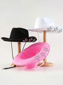 1pc Women's Neutral Solid Color Woolen Cowboy Hat Embellished With Unique Personality Sparkling Rhinestone Hollow Star Chain Element, Swivel Bachelorette Cowgirl Hat, Girlcore, Vintage, Floral, Spring Summer Bright Colors, Pink Aesthetic, Novelty Interesting Punk Style Wide Brim BR Street Fashion, 2024 Wedding Essentials, Classy Aesthetic, Dinner Party Essentials, Suitable For Parties, Western-Themed Events, Gatherings, Engagement Parties, Role Playing, Graduations, Costume Balls, Festivals, Weddings, Birthday Celebrations, Music Festivals, Coming-Of-Age Ceremonies, Etc. Halloween