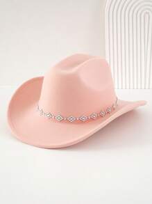 1pc Women Unisex Solid Color Knitted Felt Cowboy Hat With Diamond Shaped Chain Decorated Hatband, Swivel Single Girl Cowgirl Hat, Wide Brim Hat With Street Fashion Punk Style For Girlcore, Vintage, Floral, Spring Summer Bright Colors, Pink Aesthetic. Suitable For Parties, Western Themed Events, Graduation Ceremony, Role Play, Costume Party, Makeup Dance Party, Festival, Wedding, Birthday Celebration, Music Festival, Coming-Of-Age Ceremony. Halloween