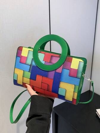 Sac d'ordinateur polyvalent pour femmes, peinture en PU de grande capacité, de couleur contrastante, pour les voyages, les vacances, les festivals de musique de printemps/été, avec sangle d'épaule ajustable