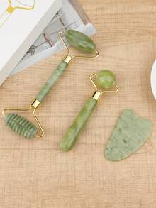 3pcs/Set Double Headed Jade Roller Face Massager Set With Scrapping Board And Round Jade Roller Ball, Gift Boxed For Gift Giving - Green - View 3
