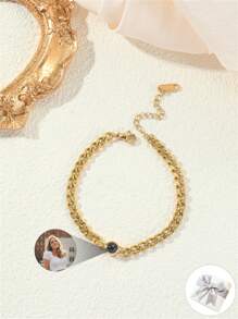 1 件定制投影图片手链（带链）、情侣个性化照片手链、可调节定制图片手链、嘻哈风格情人节礼物、圣诞礼物 - 金色 - 查看 2