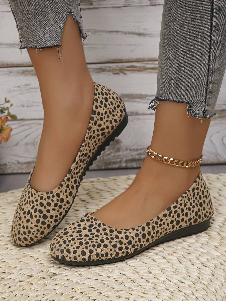 女性豹紋平底鞋，舒適多功能圓頭杏色豹紋室外工作便鞋 - 杏色 - 查看 1