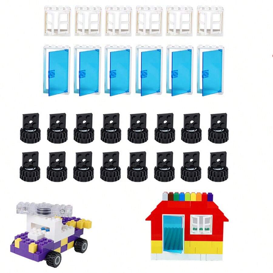 儿童小颗粒散装门窗汽车零件车轮套装 DIY 积木配件儿童玩具 - 彩色 - 查看 1