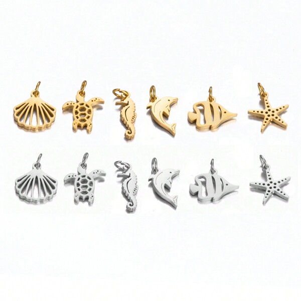 5 قطع من مجوهرات سحر حلية المحار والدولفين السمك في البحر مصنوعة من الفولاذ المقاوم للصدأ مصقولة مثل المرايا لتزيين الأساور والعقود والأقراط المصنوعة يدوياً