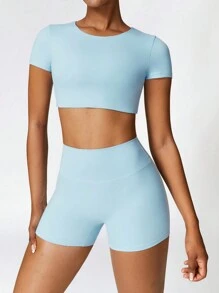 MASKERT Set yoga da donna casual a manica corta, aderente e altamente elastico, adatto per corsa e sport, completo yoga, outfit da aeroporto