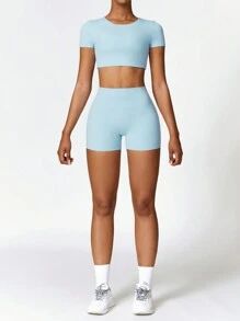 MASKERT Set yoga da donna casual a manica corta, aderente e altamente elastico, adatto per corsa e sport, completo yoga, outfit da aeroporto