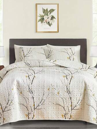 Plum Blossom Thin Quilt Set Three Piece Set (Thin Quilt * 1+Pillow Cover * 2) Quilted Quilt Cover, Bed Cover, White Gray, Modern Fashion Home Bedding Supplies, Multiple Sizes, Multiple Choices Suitable For Bedroom, Dormitory, Sofa, Spring, Summer, Autumn, Winter, Four Seasons Available, Beautiful And Magnificent Multi Piece Set