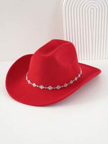 1pc Women Unisex Solid Color Knitted Felt Cowboy Hat With Diamond Shaped Chain Decorated Hatband, Swivel Single Girl Cowgirl Hat, Wide Brim Hat With Street Fashion Punk Style For Girlcore, Vintage, Floral, Spring Summer Bright Colors, Pink Aesthetic. Suitable For Parties, Western Themed Events, Graduation Ceremony, Role Play, Costume Party, Makeup Dance Party, Festival, Wedding, Birthday Celebration, Music Festival, Coming-Of-Age Ceremony. Halloween