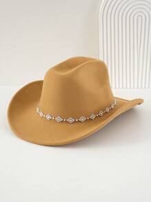 1pc Women Unisex Solid Color Knitted Felt Cowboy Hat With Diamond Shaped Chain Decorated Hatband, Swivel Single Girl Cowgirl Hat, Wide Brim Hat With Street Fashion Punk Style For Girlcore, Vintage, Floral, Spring Summer Bright Colors, Pink Aesthetic. Suitable For Parties, Western Themed Events, Graduation Ceremony, Role Play, Costume Party, Makeup Dance Party, Festival, Wedding, Birthday Celebration, Music Festival, Coming-Of-Age Ceremony. Halloween