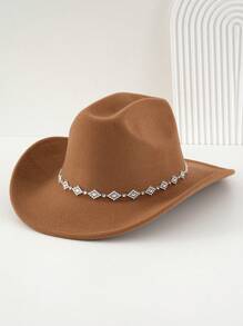 1pc Women Unisex Solid Color Knitted Felt Cowboy Hat With Diamond Shaped Chain Decorated Hatband, Swivel Single Girl Cowgirl Hat, Wide Brim Hat With Street Fashion Punk Style For Girlcore, Vintage, Floral, Spring Summer Bright Colors, Pink Aesthetic. Suitable For Parties, Western Themed Events, Graduation Ceremony, Role Play, Costume Party, Makeup Dance Party, Festival, Wedding, Birthday Celebration, Music Festival, Coming-Of-Age Ceremony. Halloween