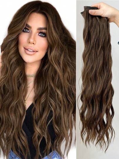 Conjunto de 7 piezas de extensiones para el cabello que se sujetan con clip, de color marrón y 16 clips, de 22 pulgadas de largo y con cabello ondulado en agua para la cabeza completa de las mujeres, extensiones de cabello sintético y pelucas.