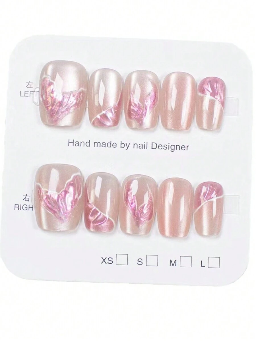 10pcs Transparent Press On Nails With Cat Eye Effect, No Traces, No Grinding, No Crease, For DIY Nail Art