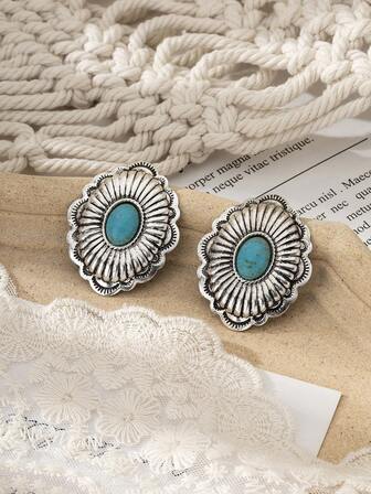 1對波希米亞風格時尚復古簡約的綠松石耳釘，適合女性日常佩戴