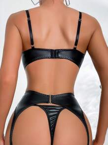 Mystic 4 Pcs Sexy Lingerie / Faux Leather Punk Goth Garter Set With Cut-Out Push-Up Bra And Thong Panties For Women's, & 1pair Leg Ring - Black - View 4