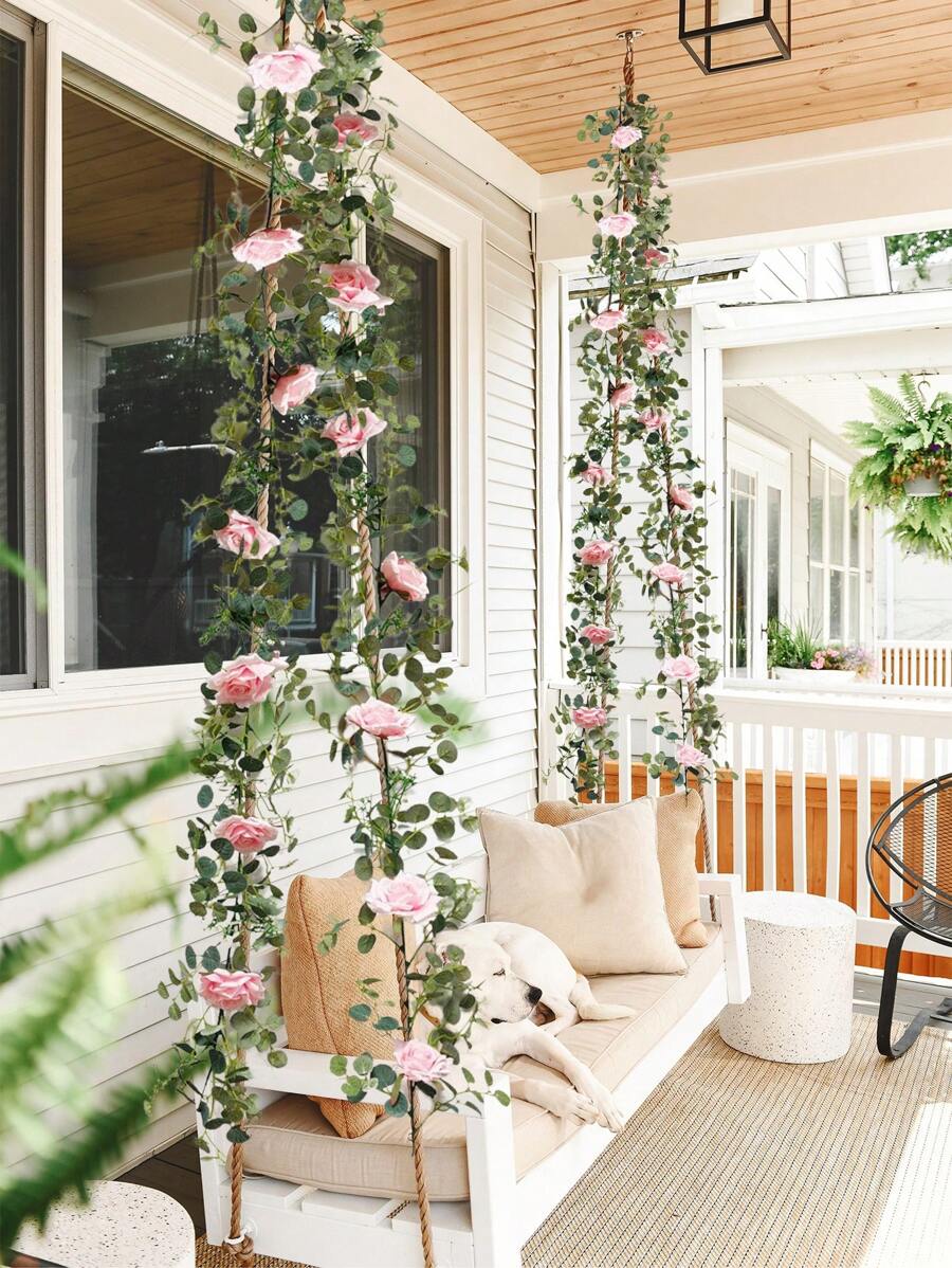 1pc 6ft Eucalyptus Garland With Roses,Artificial Flower Garland Artificial Silk Floral Vines Eucalyptus Leaves Vines For Wedding Party Table Mantle Wall Home Room Decor,Spring Decorations - Hồng - Xem 1