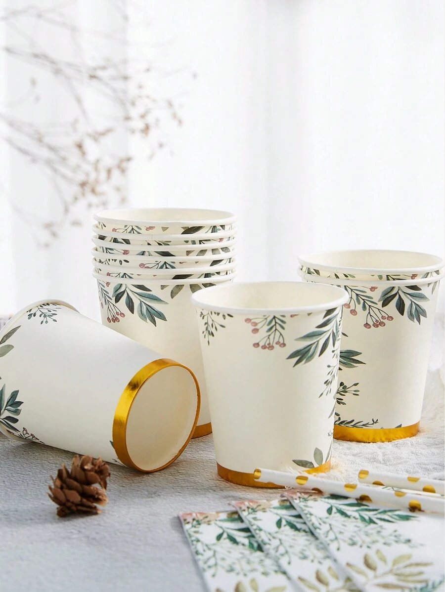 10/25pcs 9oz Botanical Green Leaves Printed Disposable Paper Cups For ...
