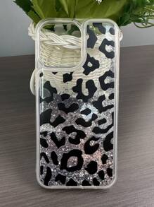 Apple Cheetah 1pc Transparent Liquid Glitter Sand Silver Powder 2 In 1 Soft Edge And Hard Bottom Painted Phone Case - Black - View 6