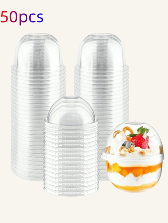 50 piezas Copa de plástico para postres con tapa de cúpula (Sin orificios), Copa de postre de PET transparente con tapa, para ensalada de frutas, helado, yogur, pastel, pudding, Perfectas para picnics en fiestas, tiendas de postres, suministros de fiesta y bodas, Accesorios para vajilla de repostería