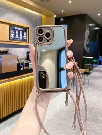 1pc Mirror Design Phone Case With Cross-Body  Rope And Precision Holes, Compatible With IPhone, Galaxy, Infinix, Redmi