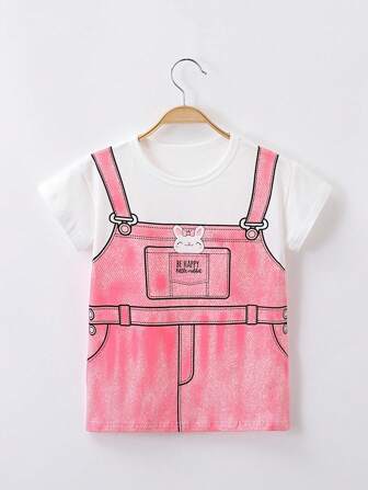 年轻女孩 1 件可爱卡通印花短袖 2 合 1 长 T 恤，夏季