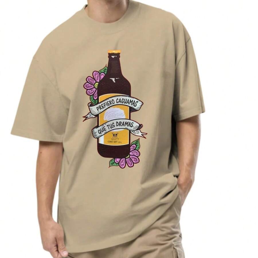 playera unisex tipo oversize diseño premium MAS CAGUAMAS QUE TUS DRAMAS - Camel - Ver 1