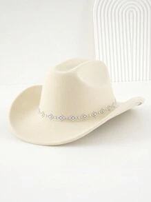 1pc Women Unisex Solid Color Knitted Felt Cowboy Hat With Diamond Shaped Chain Decorated Hatband, Swivel Single Girl Cowgirl Hat, Wide Brim Hat With Street Fashion Punk Style For Girlcore, Vintage, Floral, Spring Summer Bright Colors, Pink Aesthetic. Suitable For Parties, Western Themed Events, Graduation Ceremony, Role Play, Costume Party, Makeup Dance Party, Festival, Wedding, Birthday Celebration, Music Festival, Coming-Of-Age Ceremony. Halloween