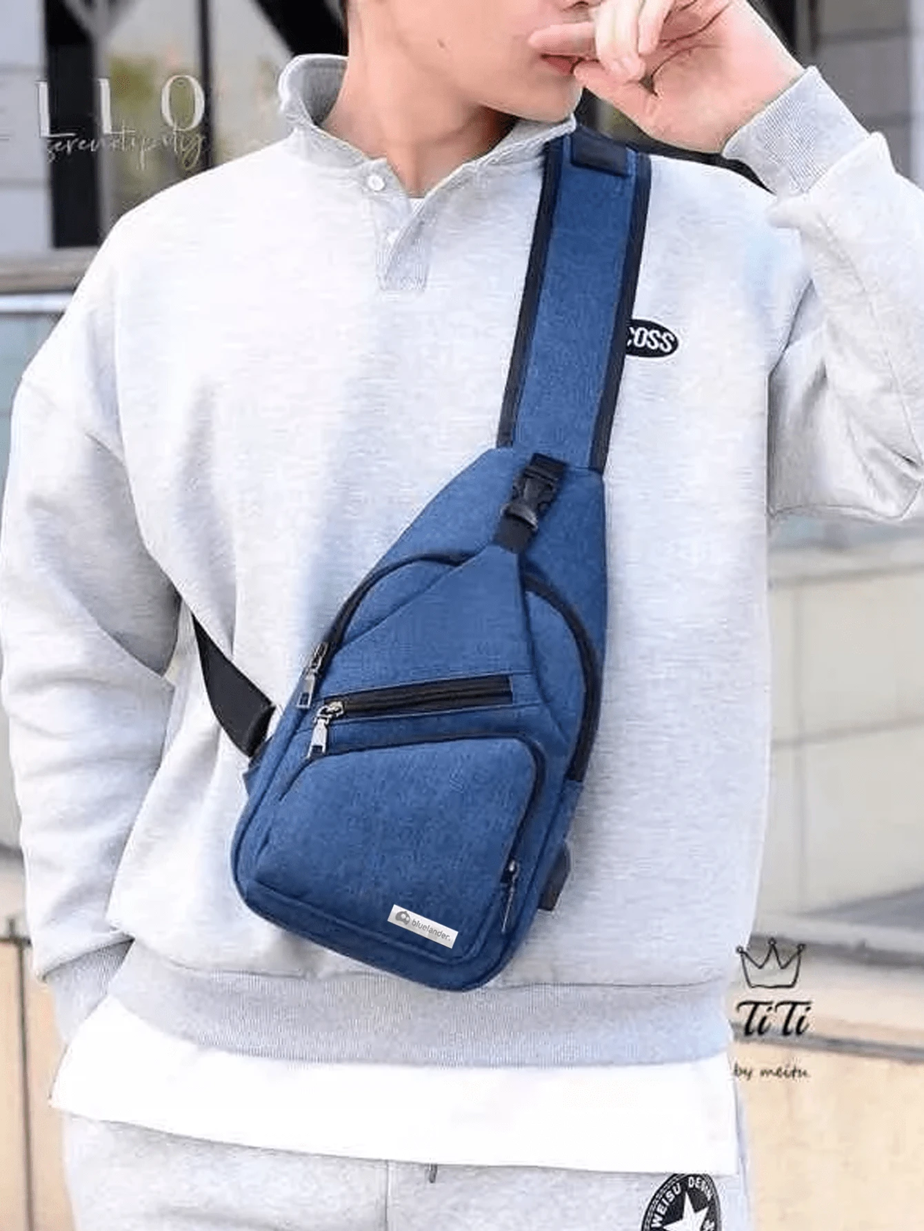 Mochila Cruzada Bluelander: Impermeable, Antirrobo y con Carga USB - Azul - Ver 1