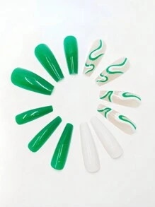 24 piezas/set de uñas postizas francesas en azul con patrón de horizonte europeo y americano, incluye pegamento de gelatina y lima de uñas - suministros de manicura de uñas de presión uñas falsas uña falsa uña acrílica - Verde Oscuro - Ver 2