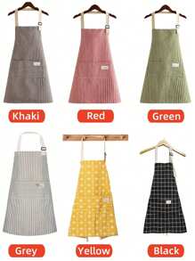 1/5件装亚麻围裙，绿白条纹围裙，成人厨房围裙，透气时尚围裙，厨房用品防油烹饪防护围裙，带可调节肩带