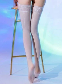 1雙女士蕾絲矽膠防滑過膝襪，性感油亮大腿襪，反光長筒襪 - 白色 - 查看 2
