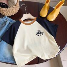 Young Boys' Short Sleeve T-Shirt 2024 Summer New Children Shoulder Pad Cartoon Panda Contrast Casual Short Sleeve Pullover