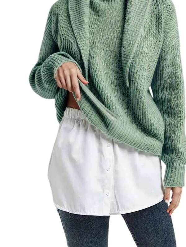 Jupe trapèze pour femmes 1 pièce, style coréen simple, avec chemise / t-shirt à ourlet blanc, longue jupe intérieure pour couvrir les fesses