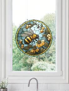 1/2pcs  Round Bee Stained Glass Window Decal, 11 Inch, Static Window Film, Double Sided Vision, Plastic Plant And Floral Design, Colorful Home Decor Wall Decal - Multicolor - View 10