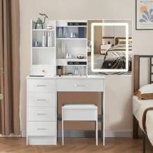 Bedroom LED Dresser Desk With Mirror And Stool Makeup Table Dressing Vanity Set - White - View 3