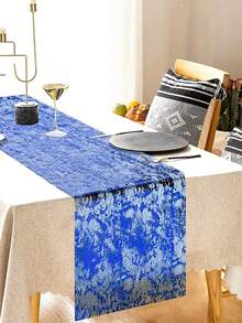 1pc-28*300cm DIY New Style Sparkling Glitter Metal Foil Thin Mesh Roll Table Runner, Party Table Runner, Party Decoration, Tabletop Decoration, Table Cloth - Blue - View 2