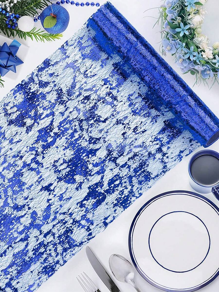 1pc-28*300cm DIY New Style Sparkling Glitter Metal Foil Thin Mesh Roll Table Runner, Party Table Runner, Party Decoration, Tabletop Decoration, Table Cloth - Blue - View 1