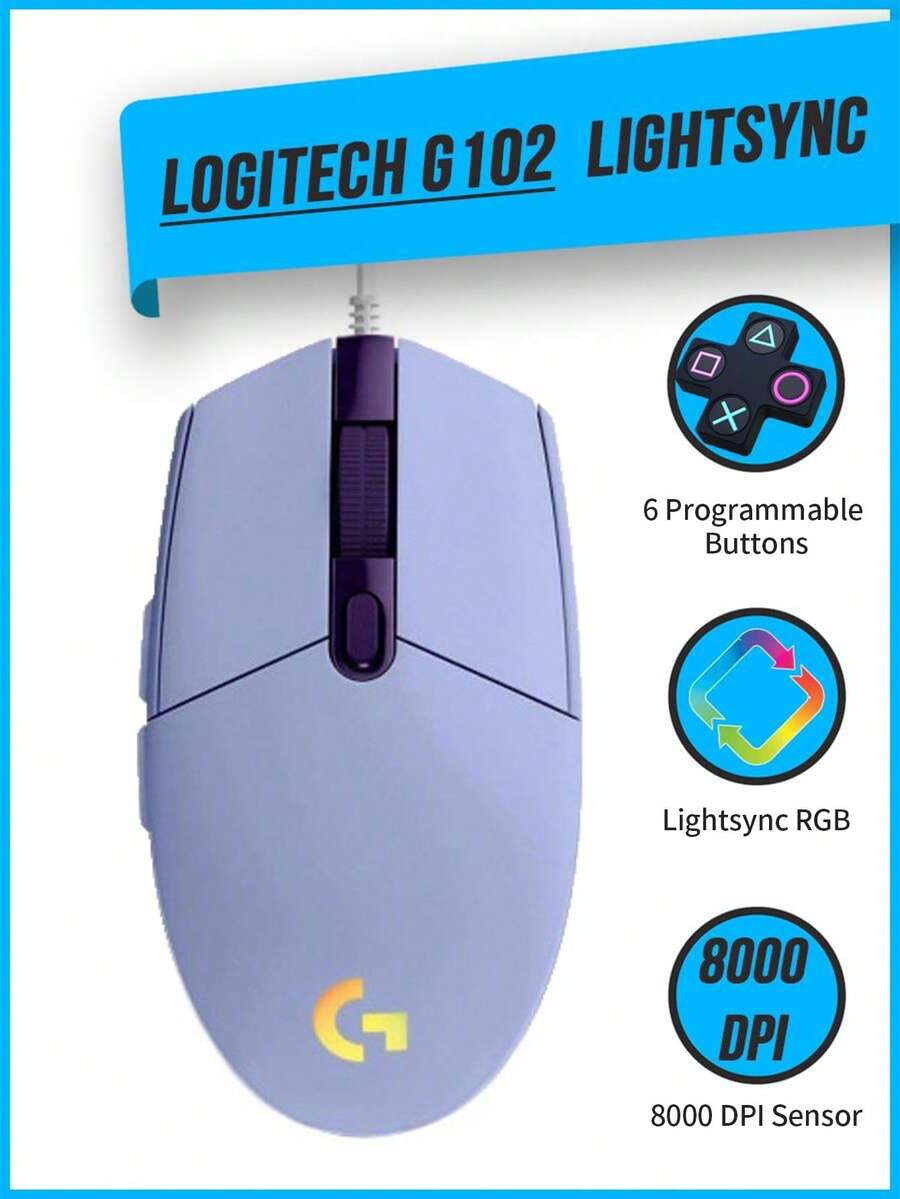 Ratón de juegos con cable G102, 8000 DPI, efecto óptico arcoíris LIGHTSYNC RGB, 6 botones programables, compatible con PC/computadora y portátil