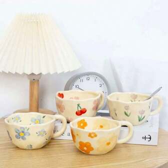 手绘和模压可爱早餐牛奶杯，不对称咖啡杯回到学校