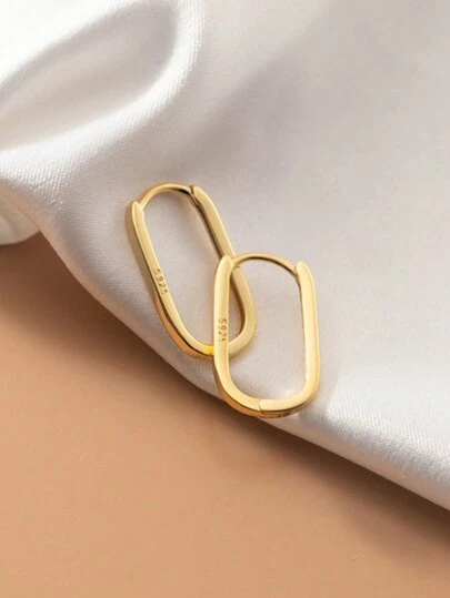 1 Pair Minimalist Bohemian Punk Rock Style S925 Sterling Silver Gold Plated Hollow Oval Hoop Earrings, Suitable For Women Engagement, Wedding, Bachelorette Party, Vintage Party Or Daily Commute, Can Also Be A Gift For Best Friends