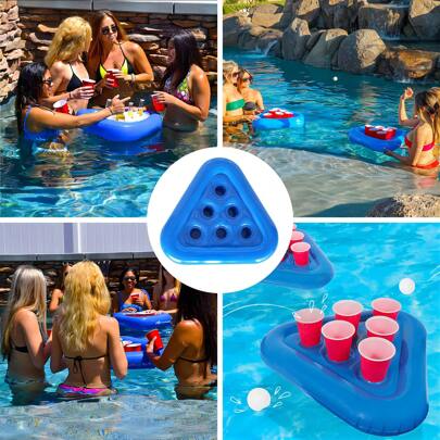 1pc Blue 6-Hole Floating Inflatable Triangle Drinks Cup Holder Swimming Pool Floats Table Bar Tray Coasters Summer Party Decoration, Beach Essentials, Beach Accessories