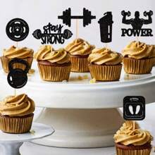 Bộ 8 trang trí phòng tập thể dục thể hình lấp lánh màu đen, trang trí bánh cupcake trang trí cho bữa tiệc sinh nhật với chủ đề cơ bắp, quả tạ, chuông ấm và bài tập bụng - màu đen - Xem 4